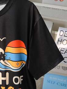 青少年男孩热带印花短袖T恤，夏季休闲，海滩 - 黑色 - 查看 4