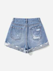SHEIN EZwear 女性偏乾磨邊牛仔短褲，帶破洞口袋 - 淺色水洗藍 - 查看 2