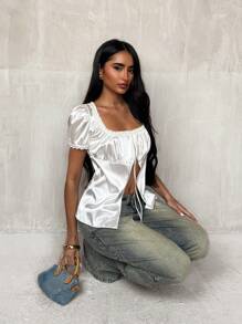 Glamine Women's Solid Color V-Neck Pleated Bust Short Sleeve Blouse - White - View 2