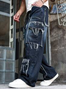 Manfinity LEGND Men's Casual Everyday Distressed Multi-Pocket Loose Denim Blue Jeans Hang Out Street College, Emo Style - Black - View 7