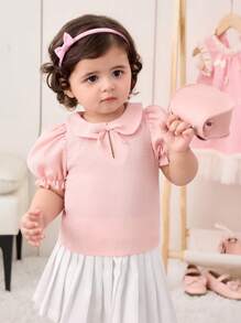 SHEIN Babygirl Summer Cute Versatile Textured Pink Peter Pan Collar Blouse - Pink - View 5