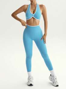 Slayoga Damen Yoga Kontrast Farbige Crop Halter Tank Top und Leggings Sport Anzug