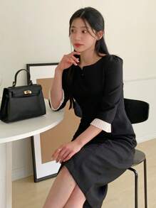 DAZY Damen Mittellang Kleid mit Patchwork Farbblöcken und Ärmeln in Mittellänge