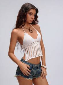 TRNVIE 女士露背镂空性感针织短款上衣 - 白色 - 查看 6