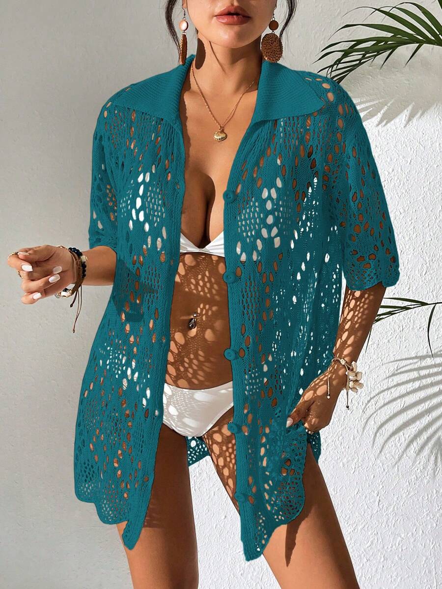 SHEIN Swim Women's Vacation Casual Solid Color Hollow-Out Knit Kimono Cover Up For Summer - Teal Blue - View 1