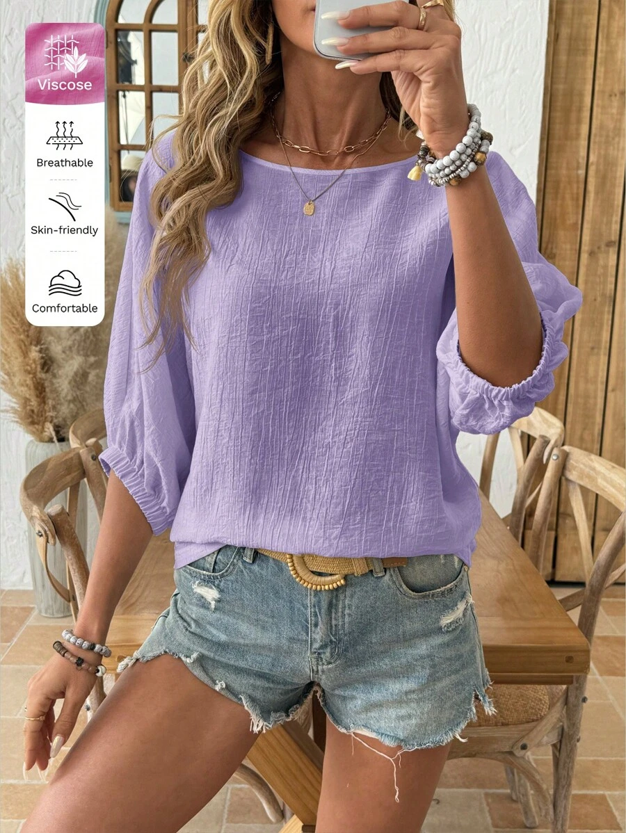 SHEIN LUNE Blusa casual de mujer de unicolor con mangas raglán de murciélago, camisa básica de uso diario para primavera/verano