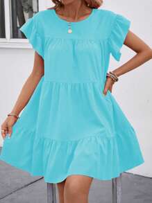 SHEIN LUNE Women Summer Solid Color Round Neck Loose Babydoll Dress With Ruffle Trim Vacation Beach Outfit