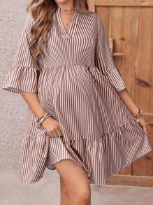 SHEIN Women 3/4 Sleeve Stand Collar Striped Shirt Dress Maternity Dress - Brown - View 5