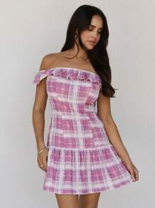 Roylia Women's Off Shoulder Ruffle Hem Plaid Mini Dress For Summer - Pink - View 1