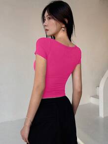 DAZY Áo thun ngắn tay màu trơn dáng casual dành cho nữ, kiểu dáng mùa hè thanh lịch, dễ thương. - Màu Hồng Tươi - Xem 2