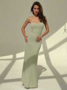 Aloruh 女式白色露背系带紧身垂坠领连衣裙 - 橄欖綠 - 查看 2