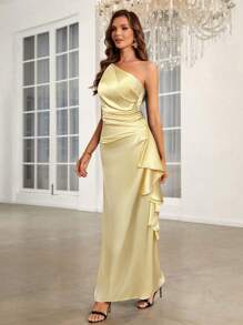 SHEIN Belle Elegant Summer Ruffle Detail Overlapping Halter Bridesmaid Dress, Formal, Party Dress, Gown, For Evening, Wedding Guest - Yellow - View 4