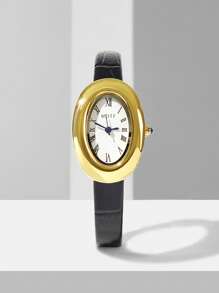 MOTF OVAL SHAPED GOLD COLOR ROMAN NUMERAL WOMEN'S WATCH - Black - View 6