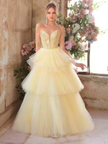 Glamrae Elegante y hermoso vestido de fiesta de satén con profundo escote en V, múltiples capas y detalles de ballenas, ideal para citas, fiestas, graduaciones, ceremonias de boda, ocasiones formales y cenas. Color amarillo claro con tul. - Amarillo - Ver 2