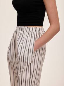SHEIN Unity Women Elastic Waist Striped Side Pocket Straight Leg Casual Pants Fall Cloth For Women - Apricot - View 4