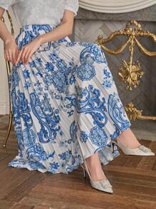DAZY 蓝白瓷纹松紧腰女士中长裙