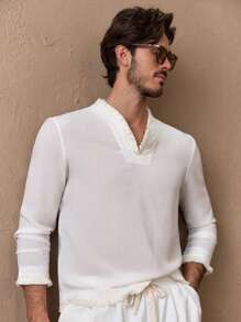 Manfinity VCAY Men's Casual Slim Fit V-Neck Fringe Trim Solid Color Long Sleeve Top - White - View 1