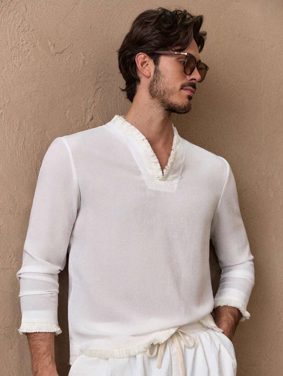 Manfinity VCAY Men's Casual Slim Fit V-Neck Fringe Trim Solid Color Long Sleeve Top - White - View 1