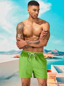 Manfinity Swimmode Men's Casual Drawstring Waist Beach Shorts, Green Men Swim Trunks, Men's Beachwear, Plain Swim Trunks, Men Swim Wear, Big And Tall Beach Shorts Green - Green - View 4