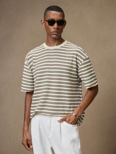 AKNOTIC Business Casual Men's Vintage Striped Loose Fit Round Neck Short Sleeve Casual T-Shirt, Suitable For Summer