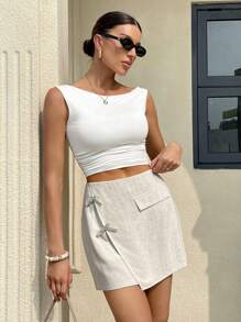 SHEIN Frenchy Women Casual Rhinestone Bow Decor Pleated Mini Skirt For Summer Winter - Apricot - View 1