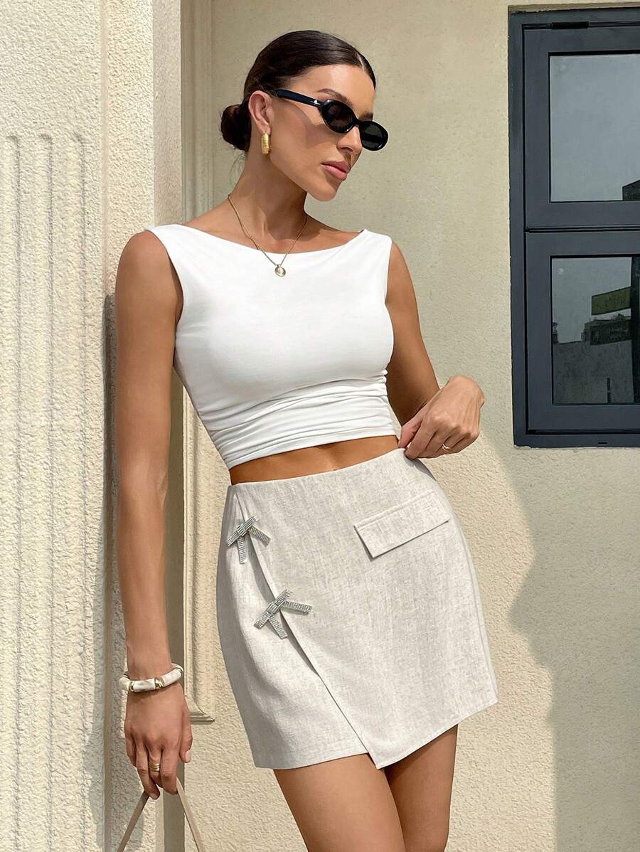 SHEIN Frenchy Women Casual Rhinestone Bow Decor Pleated Mini Skirt For Summer Winter - Apricot - View 1