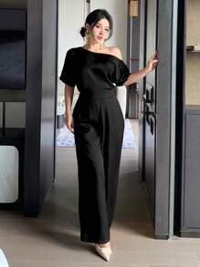 DAZY 女士奢华精致夏季连体裤，优雅高端轻缎华丽连体裤 - 黑色 - 查看 5