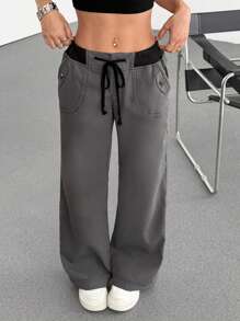 SHEIN EZwear Women's Casual Dark Gray Drawstring Waist Straight Leg Pants - Dark Grey - View 6