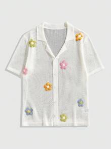 ROMWE MEN Casual Herren Sommer Urlaub durchsichtiges Vorderteil Knopf Floral Dekor Strick Top - Weiss - Übersicht 1