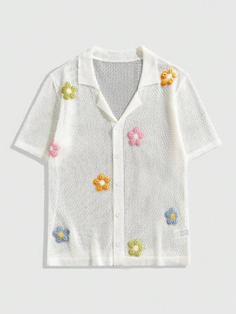 Street Life Camiseta de punto con decoración floral y botones al frente, para vacaciones de verano de hombre