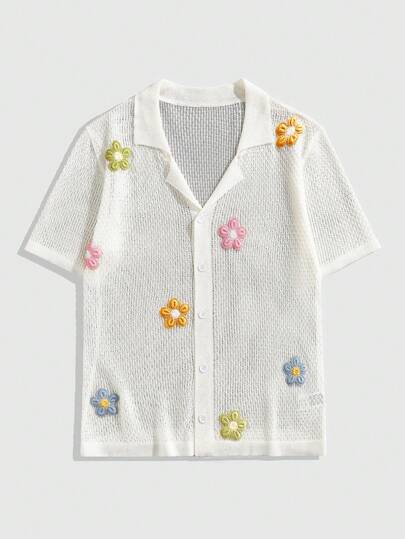 Street Life Men's Summer Vacation Sheer Front Button Floral Decor Knit Top