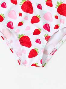 年轻女孩草莓印花不对称荷叶边下摆泳衣，随机印花 2 件套 - 彩色 - 查看 4