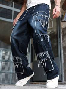 Manfinity LEGND Men's Casual Everyday Distressed Multi-Pocket Loose Denim Blue Jeans Hang Out Street College, Emo Style - Black - View 8