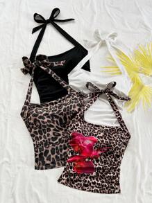 Soleia Completi estivi da donna per vacanze, festival, rave, concerti e uscite, in stile baddie, comprendenti top fascia, crop top, canotte con stampe leopardate, canotte con taglio sulla schiena e annodatura anteriore.