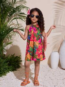 Young Girl Vacation Casual Fashionable Woven Tropical Flower Print Halter Neck Dress - Multicolor - View 4