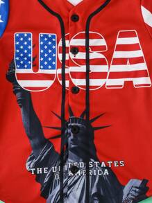 SHEIN 年轻男孩 4-7 岁休闲运动街头时尚百搭自由女神像图案 T 恤，适合独立日、户外活动、节日、运动、日常穿着、春夏季