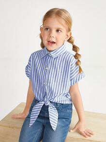 SHEIN Bluză casual cu cravată în dungi raglan supradimensionată pentru fete tinere