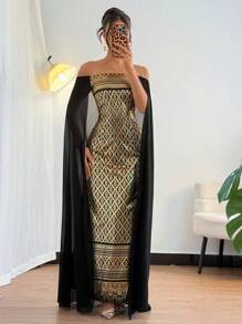 Islaluna Elegant & Graceful Islamic Black & Gold Color Block Sleeveless Fitted Dress, Shoulder-Less, Long Sleeve Gown For Women Fall Cloth For Women