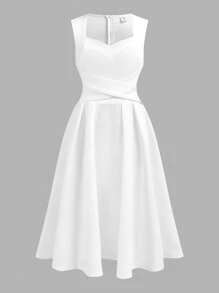 SHEIN Tween Girl Sweetheart Neck Crystal Decor Cross Waist Flared A-Line Knitted Dress