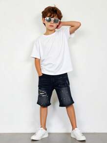 Denimly Boys' Outdoor Street-Style Fashion Versatile Casual Denim Shorts With Elastic Waist, Zipper, Distressed Holes, Acid Wash - Black - View 4