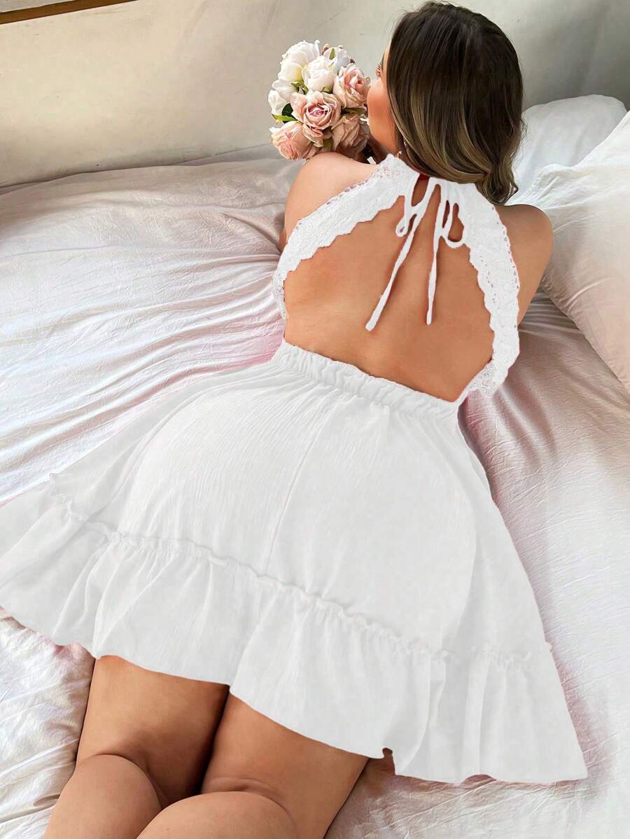 Flirla Plus Size Hollow-Out Lace-Up Sexy Vacation Dress - White - View 1