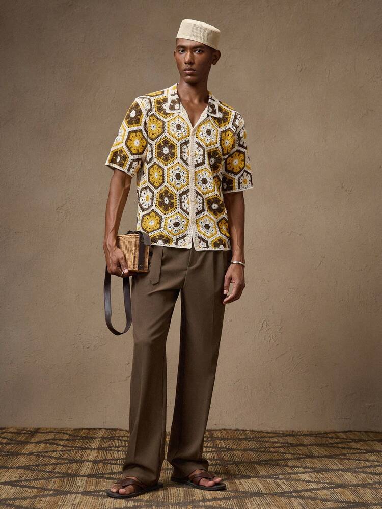 Men's Knitted Crochet Fashion Casual Slim Fit Turndown Collar Short Sleeve Cardigan Sweater, Suitable For Daily, Commute, Summer, Vacation, Party, Couples, Boyfriend Gift, Beachwear, Father's Day Gift