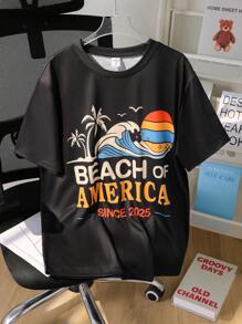 青少年男孩热带印花短袖T恤，夏季休闲，海滩 - 黑色 - 查看 1