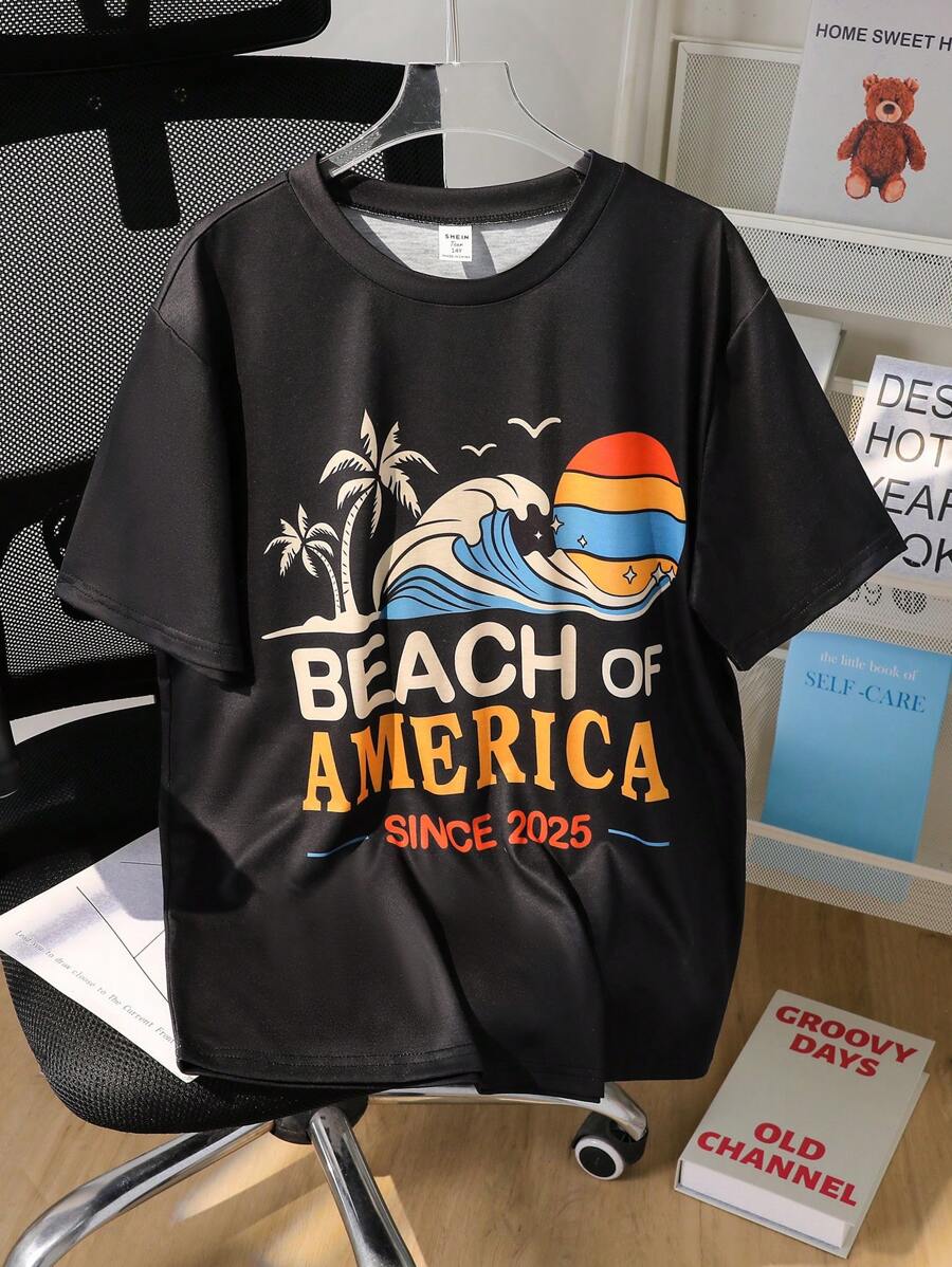 青少年男孩热带印花短袖T恤，夏季休闲，海滩 - 黑色 - 查看 1