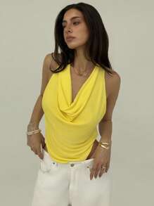 Aloruh Sexy Backless Low Draped Neck Sleeveless Top For Clubbing, Spring/Summer - Yellow - View 5