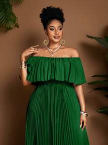 Maweii Damen große Größen Kleid Einfarbig mit Schulterausschnitt, modisch, elegant, plissiert - Grün - Übersicht 2