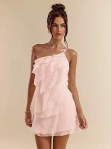 SHEIN BAE 夏季海滩度假纯色杏色分层荷叶蛋糕迷你连衣裙，适合日常约会、夜间外出、夜总会、派对、聚会、鸡尾酒会、泳池派对、返校季服装、学校季连衣裙、节日连衣裙、音乐节服装、乡村音乐节服装、演唱会服装