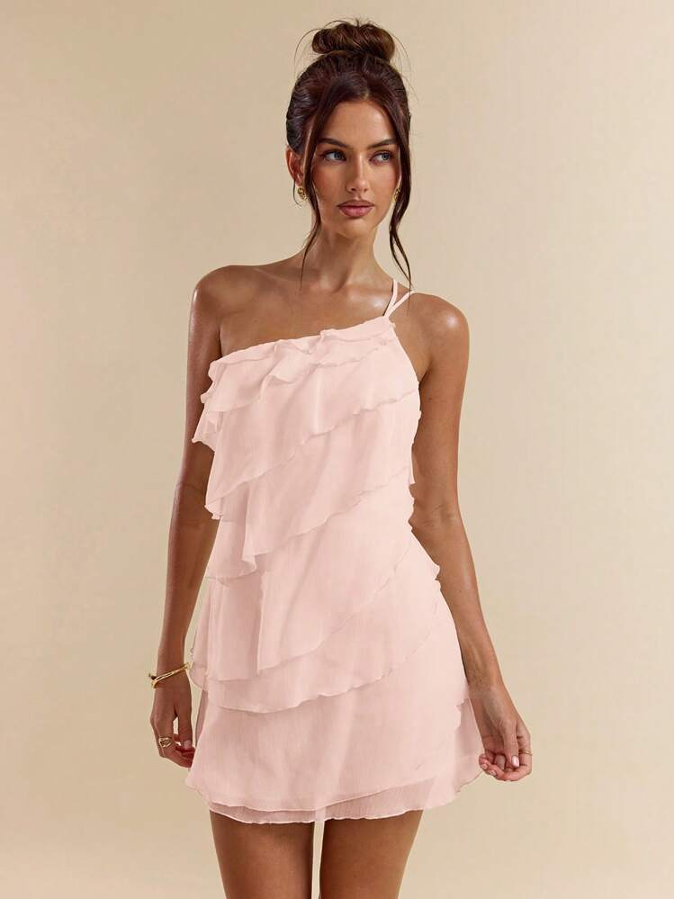 SHEIN BAE Vestido mini de camadas de folha de lótus na cor sólida de damasco, adequado para encontros diários, saídas noturnas, baladas, festas, happy hours, festas de coquetel, festas à beira da piscina, roupas de volta às aulas, vestidos de época escolar, vestidos de férias, roupas de festivais de música, roupas de festivais de música country, roupas de shows - Rosa empoeirado - Visão 6