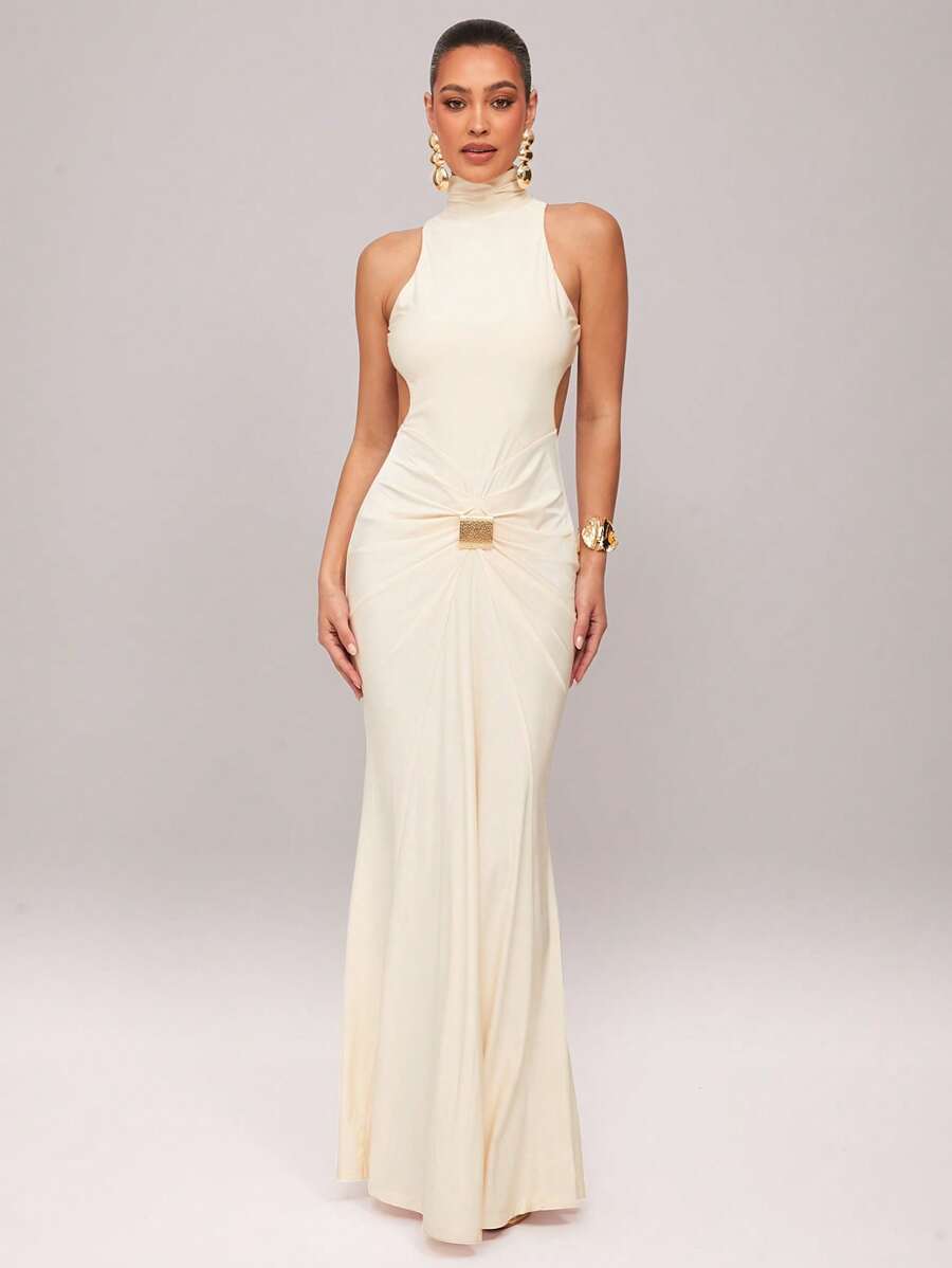 Silquee 女士优雅高领长袖露背性感鸡尾酒裙，金属扣装饰，勃艮第红和紫红色，弹力针织面料，及踝长，适合鸡尾酒会、浪漫约会、秋冬针织长裙、正式派对、婚礼、伴娘、晚礼服、万圣节、圣诞节 - 杏色 - 查看 1