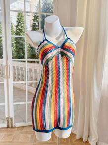 Skyraze 女士条纹微镂空海滩度假连衣裙，夏威夷女装 - 彩色 - 查看 7